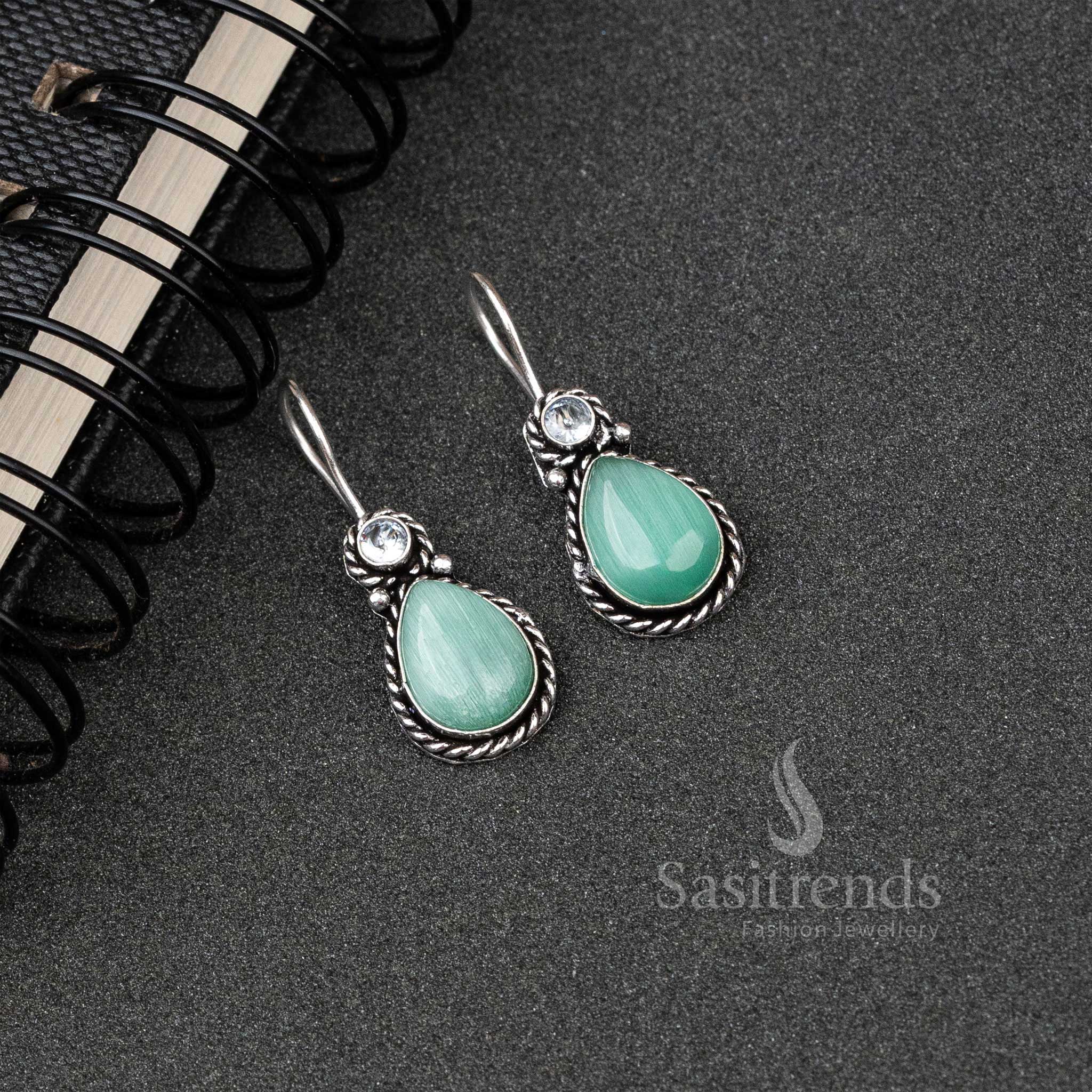 Chic Mint Oxidised Silver Water Drop Earrings With Monalisa Stones And Shiny AD Accents – A Fresh Look Jewellery Pair - Sasitrends