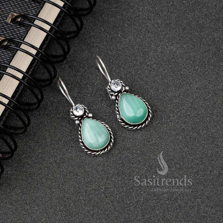 Chic Mint Oxidised Silver Water Drop Earrings With Monalisa Stones And Shiny AD Accents – A Fresh Look Jewellery Pair - Sasitrends