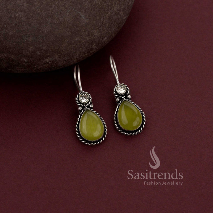 Elegant Oxidised Silver Water Drop Earrings with Monalisa and AD Stones - Sasitrends