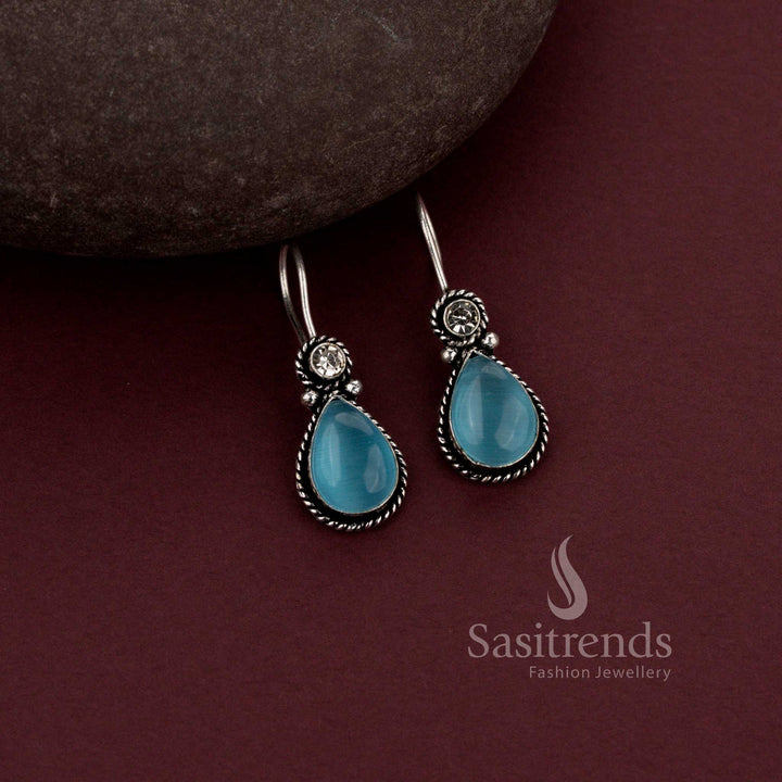 Elegant Oxidised Silver Water Drop Earrings with Monalisa and AD Stones - Sasitrends