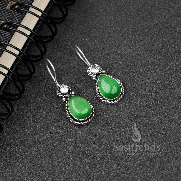 Fresh Light Green Oxidised Silver Water Drop Earrings Featuring Monalisa And AD Sparkle – A Classic Fusion Jewellery Creation - Sasitrends