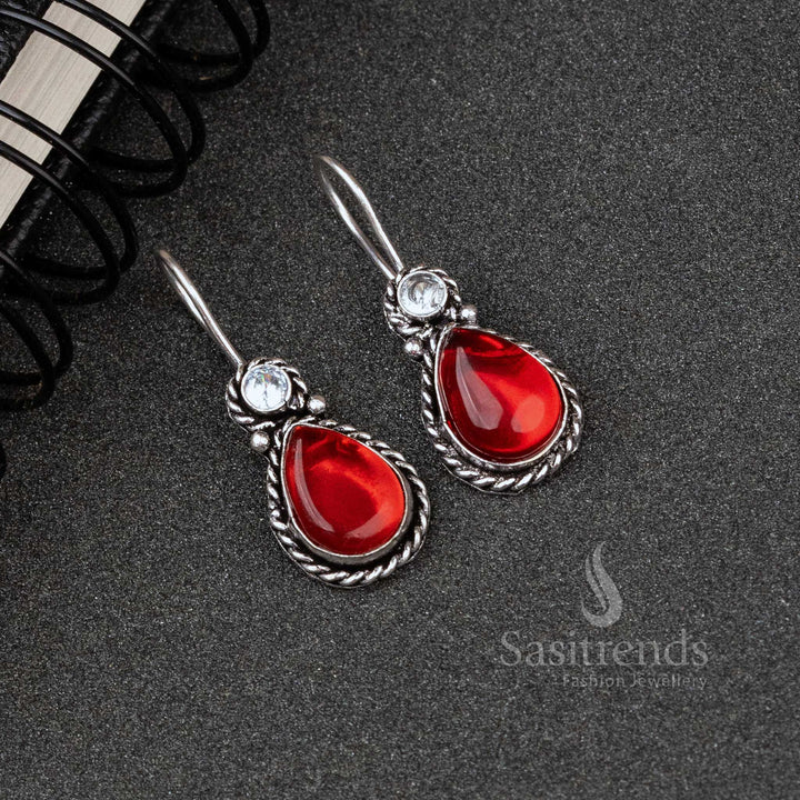 Opulent Vinous Oxidised Silver Water Drop Earrings Adorned With Monalisa Glow And Sparkling AD Stones – A Royal Occasion Jewellery Charm - Sasitrends