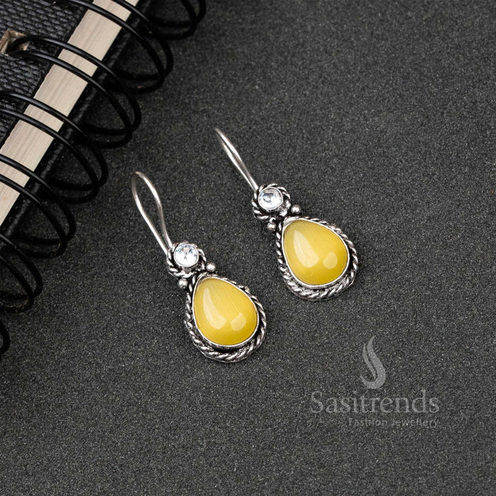Radiant Yellow Oxidised Silver Water Drop Earrings With Dazzling AD Stones And Monalisa Shine – A Sunny Traditional Jewellery Favourite - Sasitrends