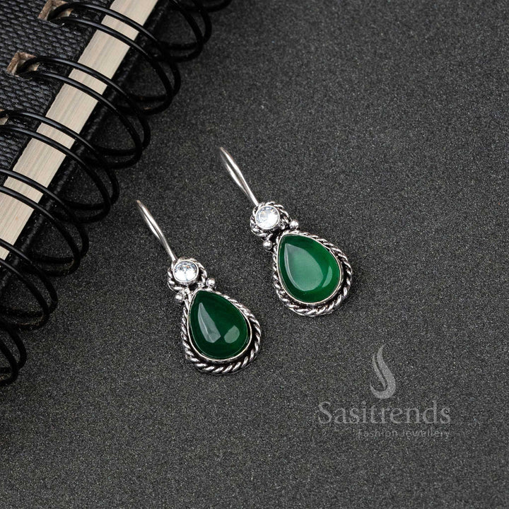 Rich Dark Green Oxidised Silver Water Drop Earrings With Glittering Monalisa And AD Stones – A Regal Tribal Jewellery Masterpiece - Sasitrends