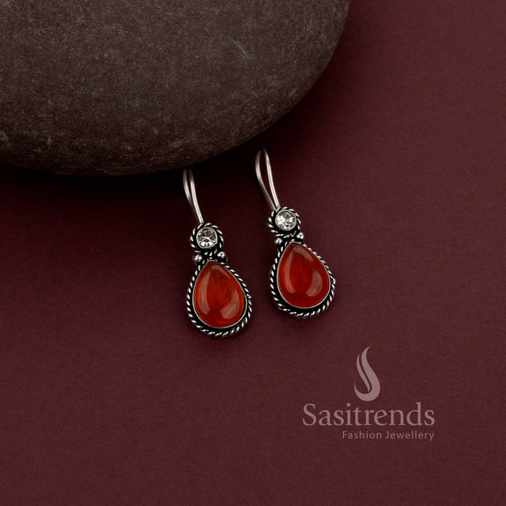 Elegant Oxidised Silver Water Drop Earrings with Monalisa and AD Stones - Sasitrends