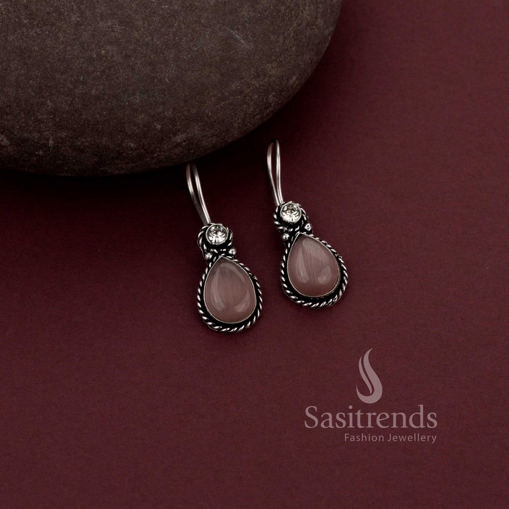 Elegant Oxidised Silver Water Drop Earrings with Monalisa and AD Stones - Sasitrends