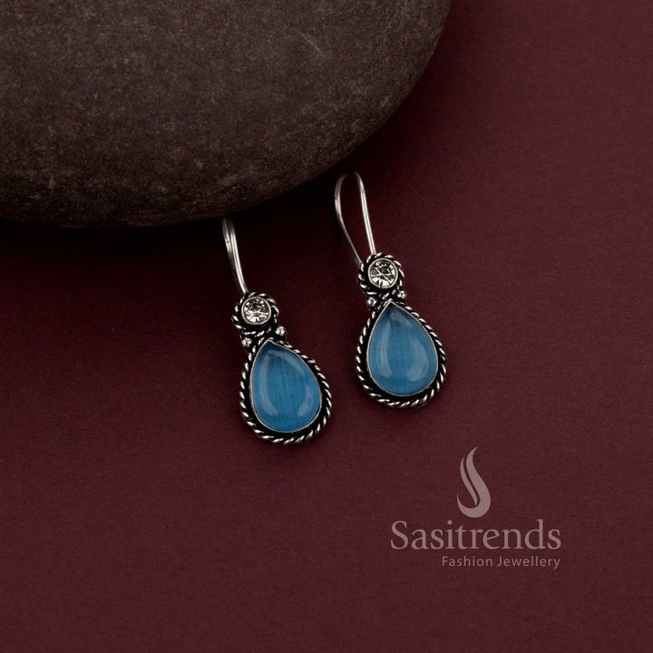 Elegant Oxidised Silver Water Drop Earrings with Monalisa and AD Stones - Sasitrends