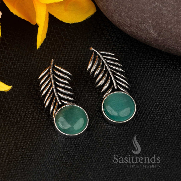 Fresh Light Green Monalisa Leaf Pattern Oxidised Silver Earrings With Subtle Glow – A Casual Yet Traditional Jewellery Highlight - Sasitrends