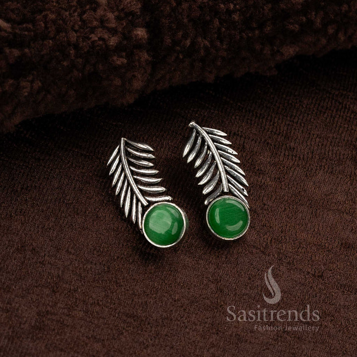 Glossy Green Oxidised Silver Earrings In Leaf Design Featuring A Reflective Monalisa Stone – A Nature-Inspired Jewellery Creation For All Styles - Sasitrends