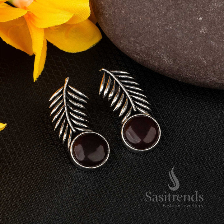 Luxurious Vinous Oxidised Silver Earrings In Leaf Form With Monalisa Stone – A Rich Ceremonial Wear Jewellery Beauty - Sasitrends