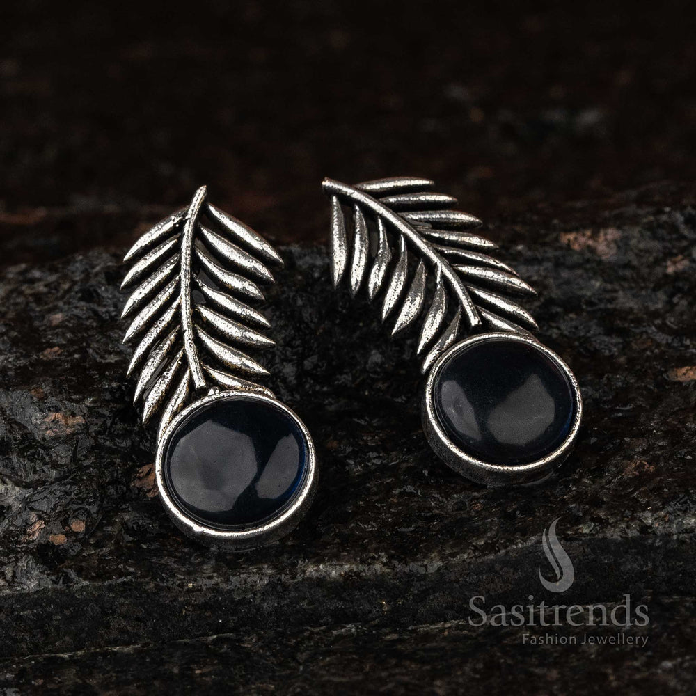 Majestic Dark-Blue Monalisa Leaf Oxidised Silver Earrings With A Glossy Finish – A Royal Traditional Jewellery Highlight With Rich Depth - Sasitrends