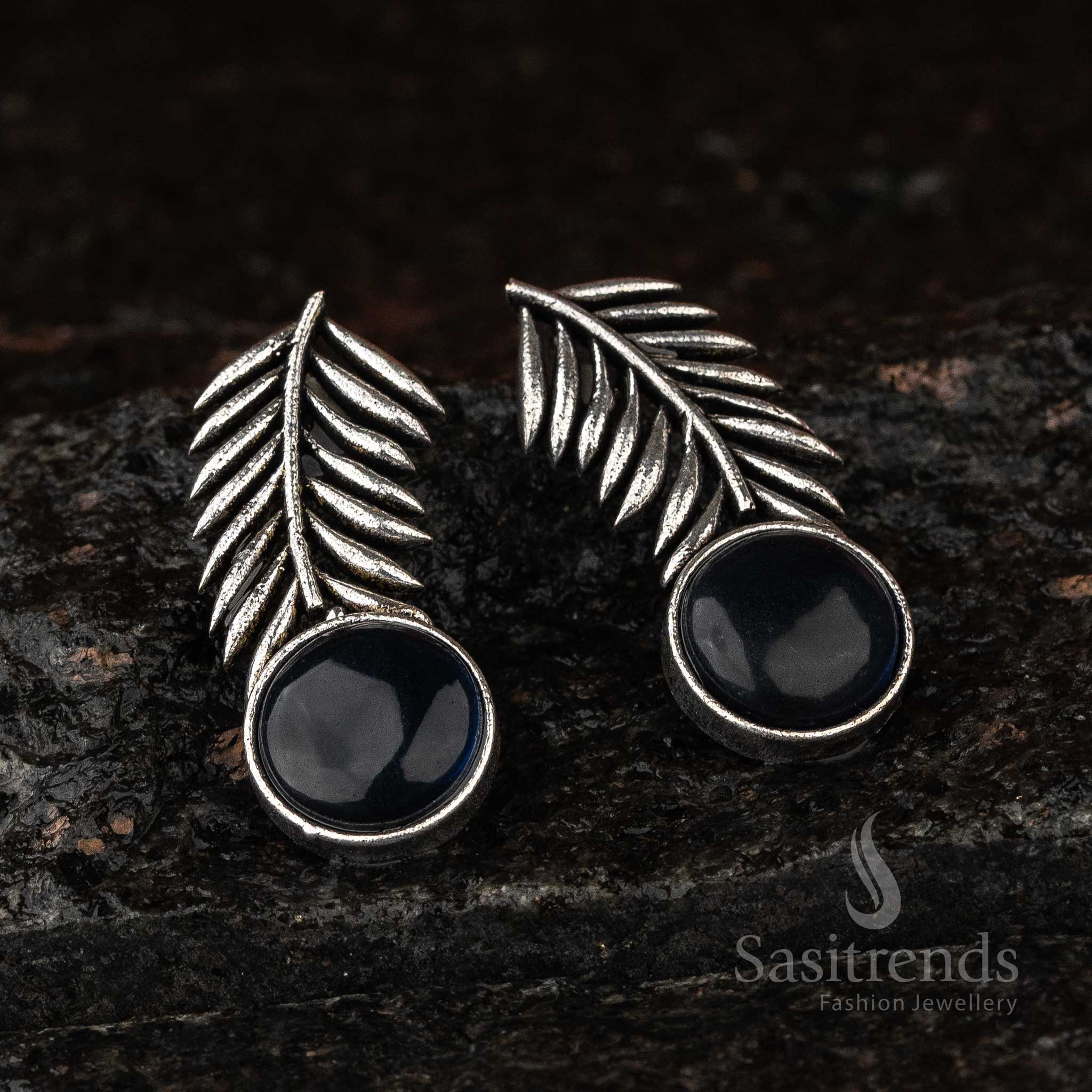 Majestic Dark-Blue Monalisa Leaf Oxidised Silver Earrings With A Glossy Finish – A Royal Traditional Jewellery Highlight With Rich Depth - Sasitrends