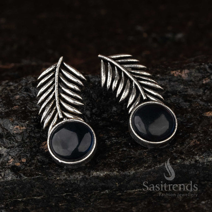 Majestic Dark-Blue Monalisa Leaf Oxidised Silver Earrings With A Glossy Finish – A Royal Traditional Jewellery Highlight With Rich Depth - Sasitrends