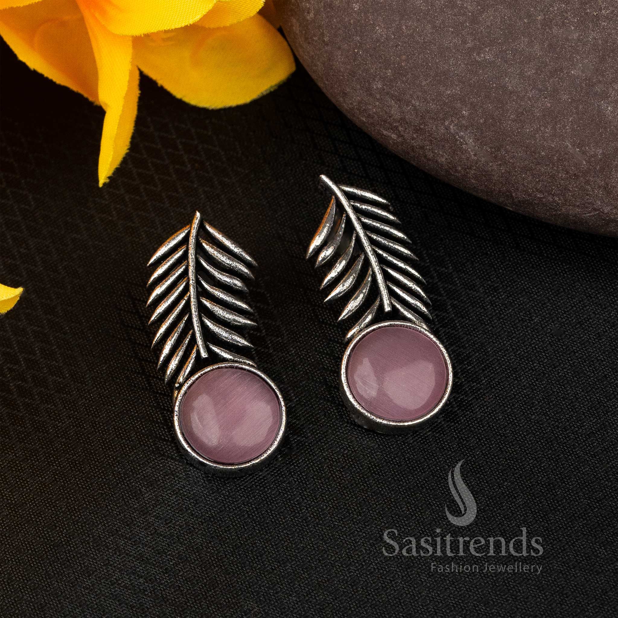 Romantic Pink Oxidised Silver Earrings With Monalisa Stone And Leaf Motif – An Elegant Floral Inspired Jewellery Charm - Sasitrends