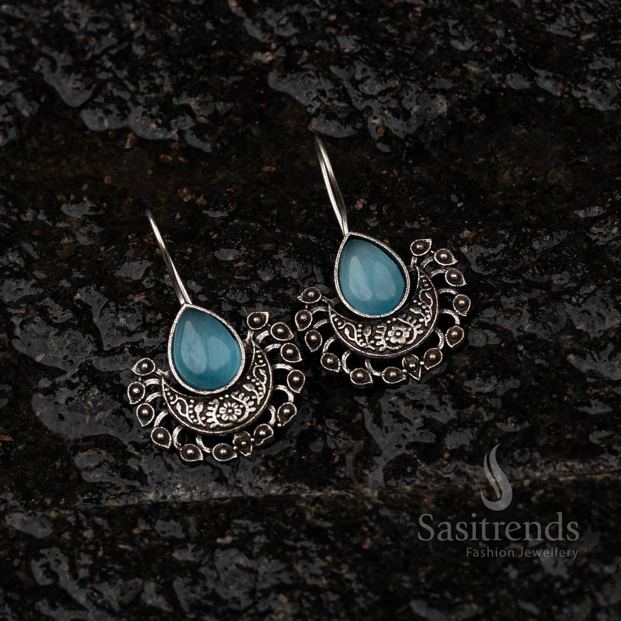 Aqua Blue Oxidised Fish Hook Earrings With Multicolor Stones – A Fresh Coastal Boho Jewellery Look With Unique Elegance - Sasitrends