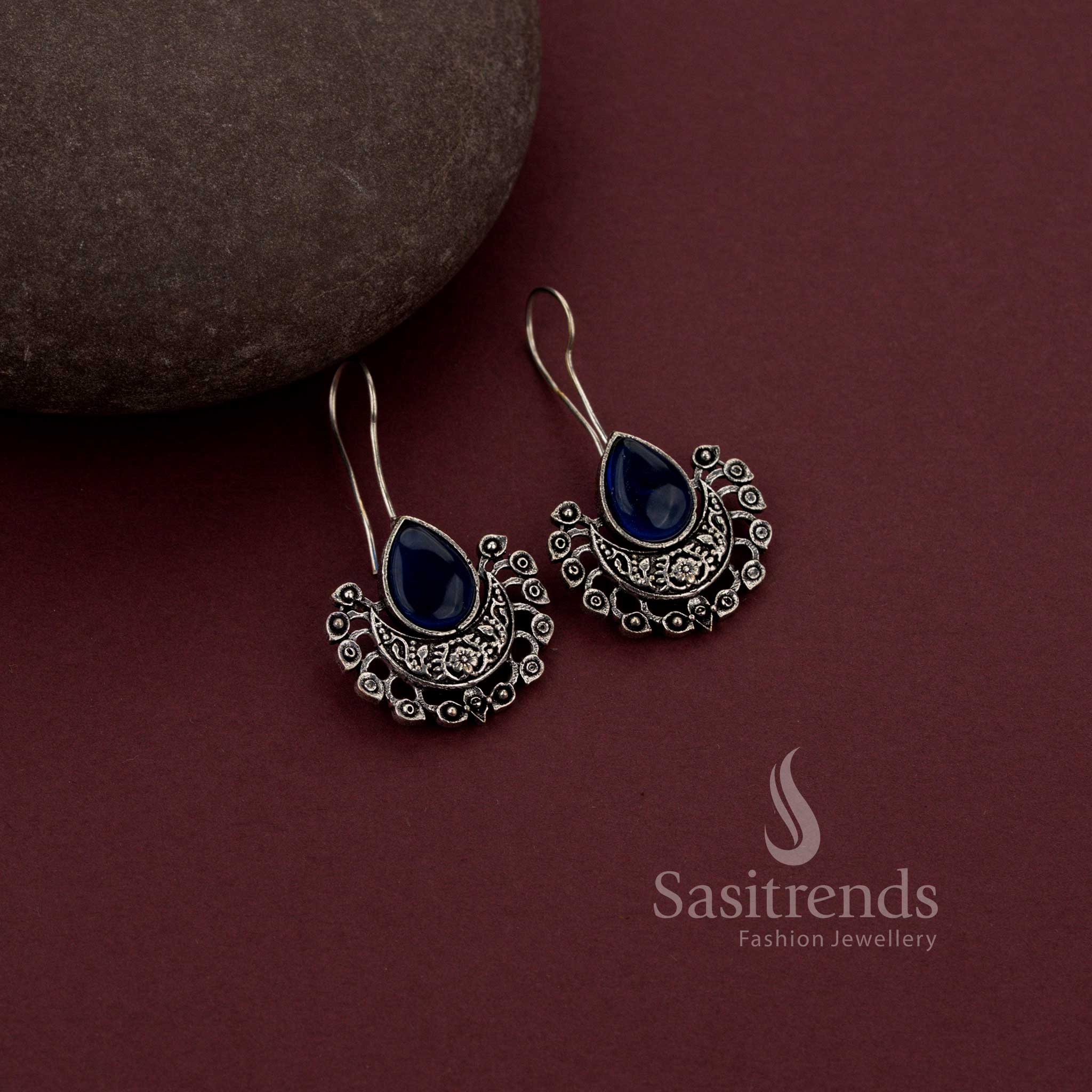 Charming Blue Boho Style Oxidised Fish Hook Earrings With Rainbow Stones – An Artful Fusion Jewellery Piece For Statement Looks - Sasitrends