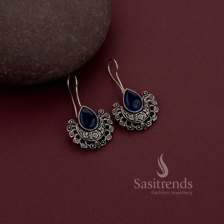 Charming Blue Boho Style Oxidised Fish Hook Earrings With Rainbow Stones – An Artful Fusion Jewellery Piece For Statement Looks - Sasitrends