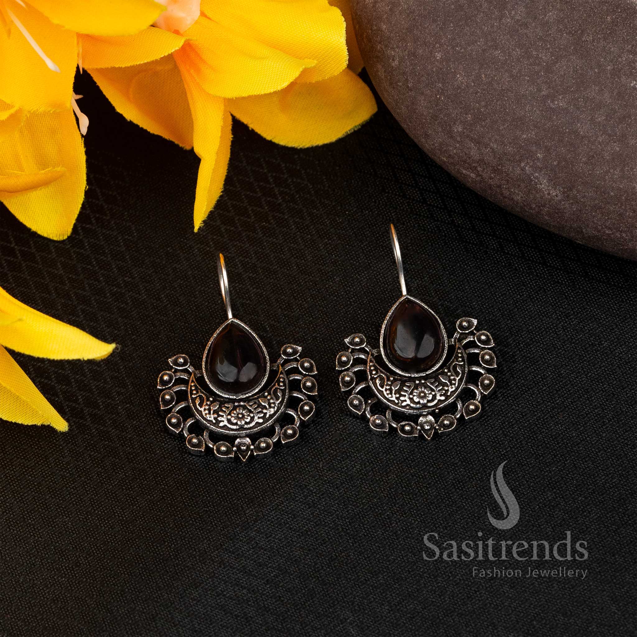 Boho Black Fish Hook Oxidised Earrings With Multicolor Stones And Artisanal Touch – A Fusion Wear Jewellery Highlight With Bold Charm - Sasitrends