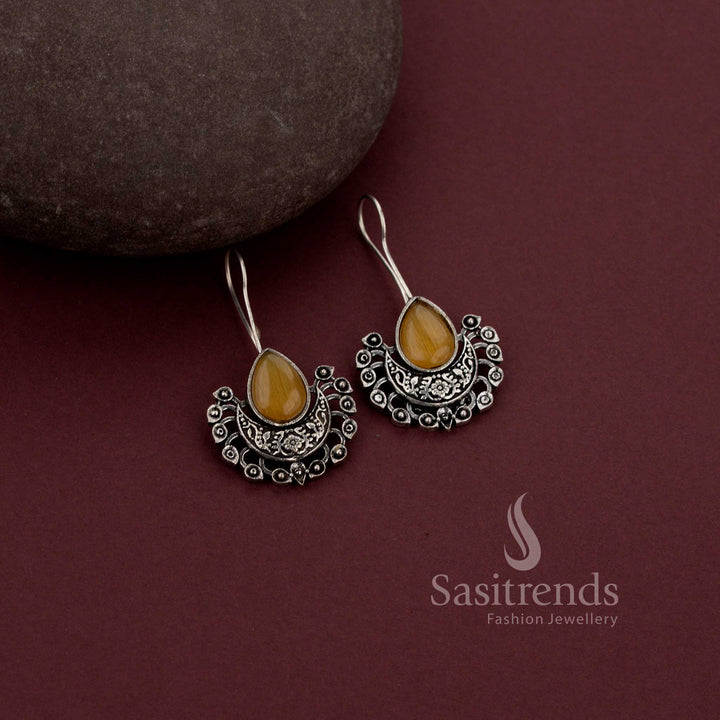 Charming Dark yellow Boho Style Oxidised Fish Hook Earrings With Rainbow Stones – An Artful Fusion Jewellery Piece For Statement Looks - Sasitrends