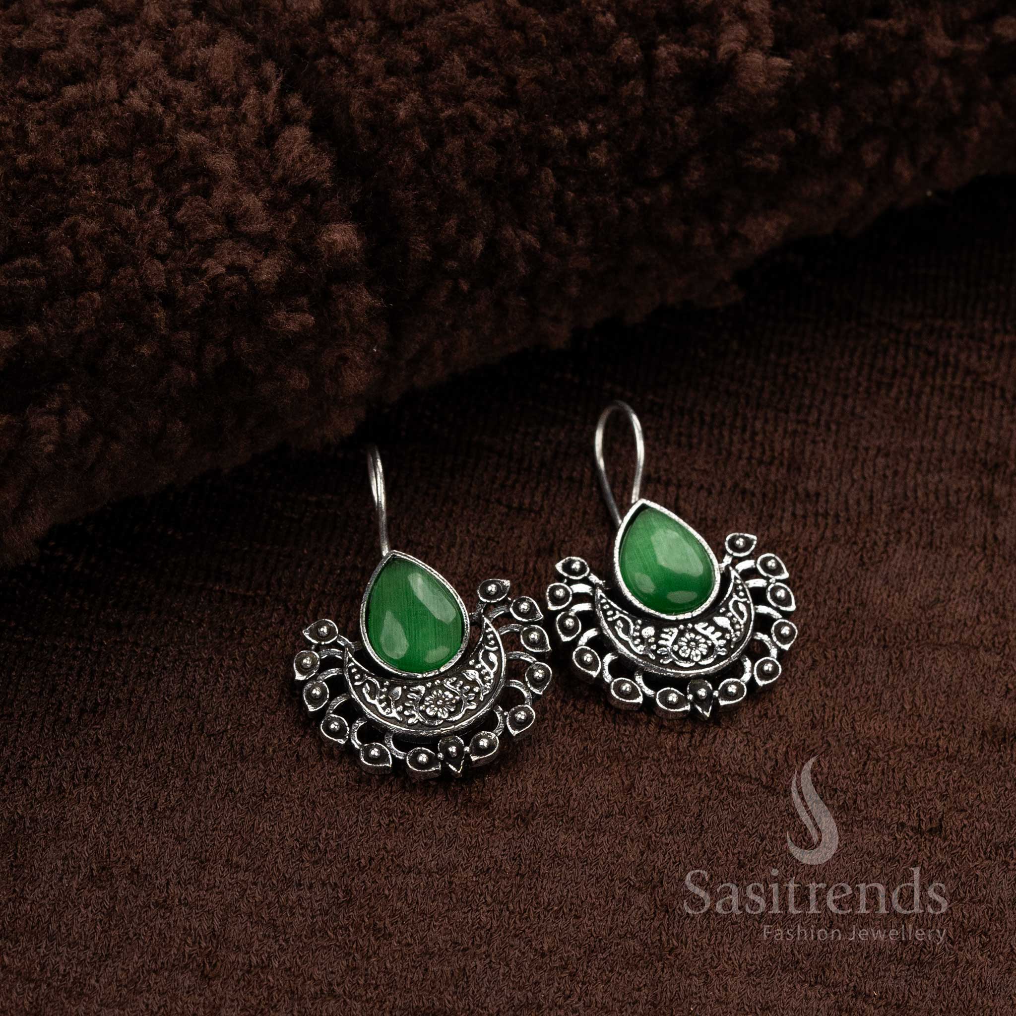 Glossy Green Oxidised Fish Hook Earrings With Vivid Multicolor Stones – A Shimmering Boho Jewellery Highlight For Chic Occasions - Sasitrends