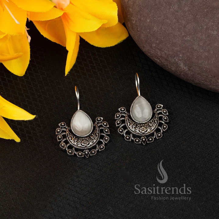 Graceful Grey Oxidised Fish Hook Earrings With Multicolor Stones – An Ethereal Minimalist Jewellery Piece For Everyday Elegance - Sasitrends