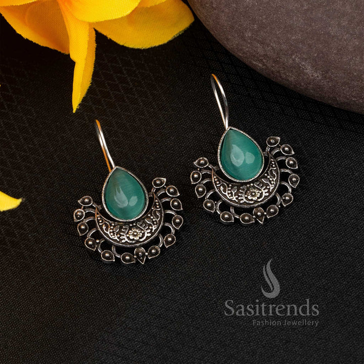 Mint Green Oxidised Fish Hook Earrings With Multicolor Stones – A Refreshing Casual Fusion Jewellery Style With Ethnic Flair - Sasitrends
