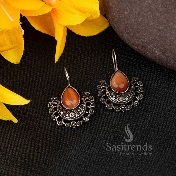 Peach Tone Oxidised Fish Hook Earrings With Multicolor Gems – A Vintage Inspired Fusion Jewellery Favourite - Sasitrends

