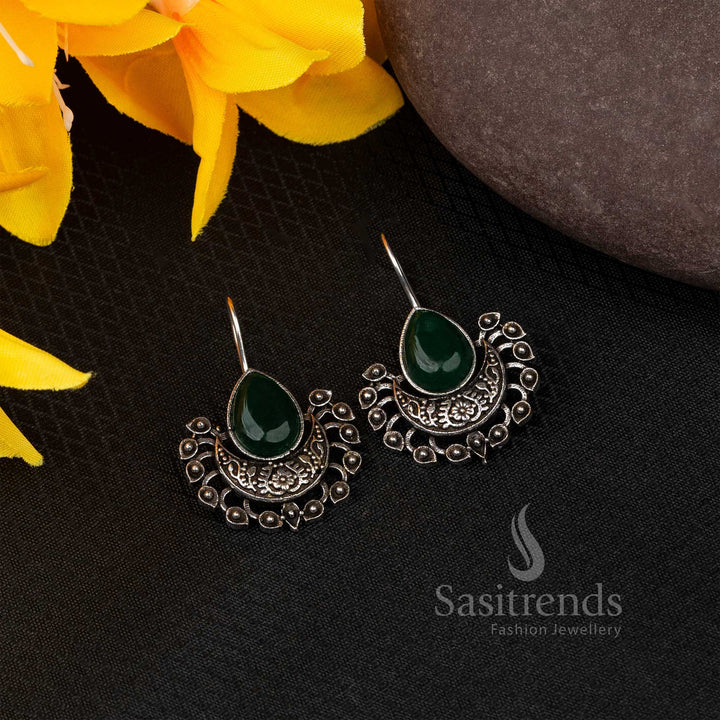 Regal Dark Green Oxidised Fish Hook Earrings With Multicolor Stones – A Tribal Chic Jewellery Style With Rich Ethnic Detail - Sasitrends

