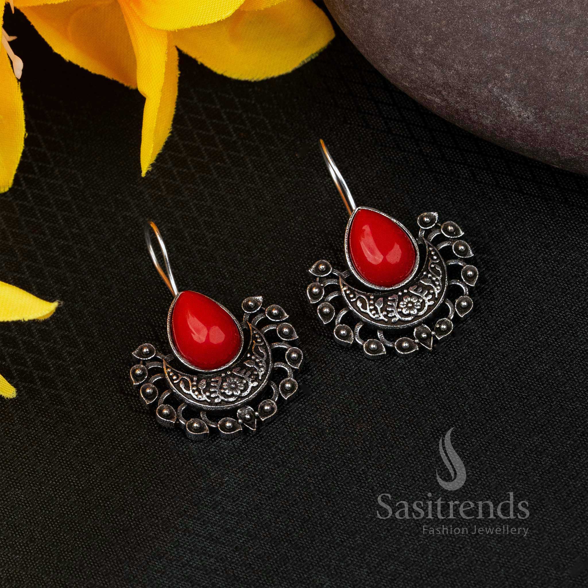 Vibrant Red Oxidised Fish Hook Earrings With Multicolor Stone Pop – A Boho Inspired Festival Jewellery Must-Have - Sasitrends