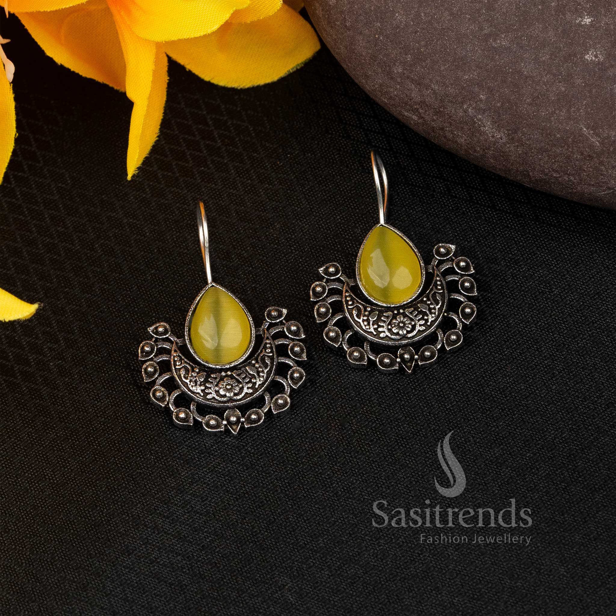 Vibrant Yellow Oxidised Fish Hook Earrings With Multicolor Stones – A Joyful Festive Fusion Jewellery Style With Ethnic Flair - Sasitrends