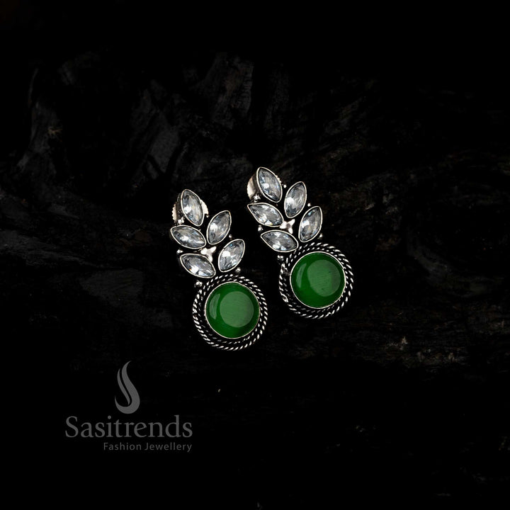 Charming Light Green Monalisa Stone Earrings With Oxidised Silver Leaf Pattern And Accent AD Stones – A Blend Of Ethnic Styling Jewellery By Sasitrends