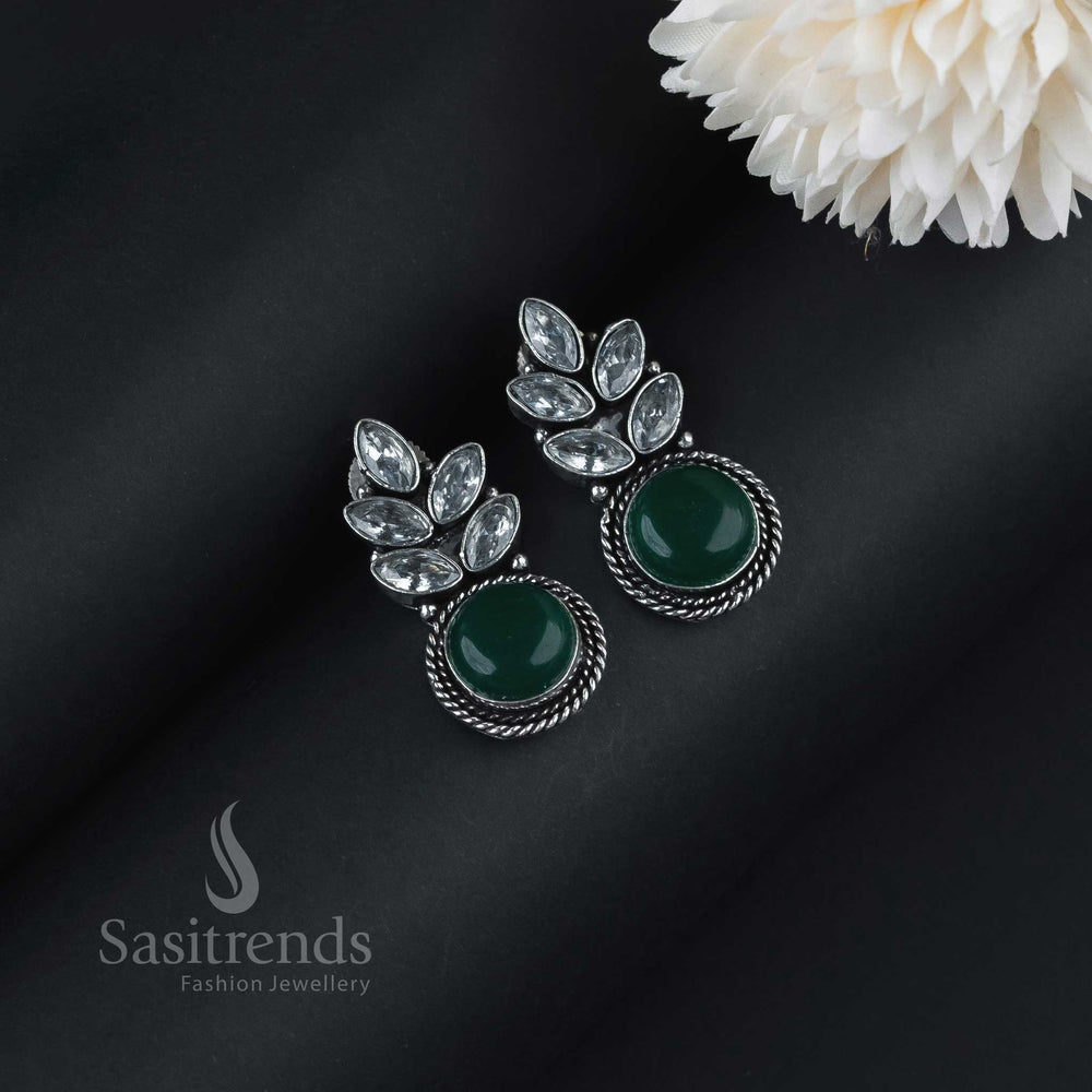 Graceful Dark Green Monalisa Leaf Pattern Earrings Crafted In Oxidised Silver With AD Stone Detailing – A Piece Of Traditional Artisan Jewellery From Sasitrends