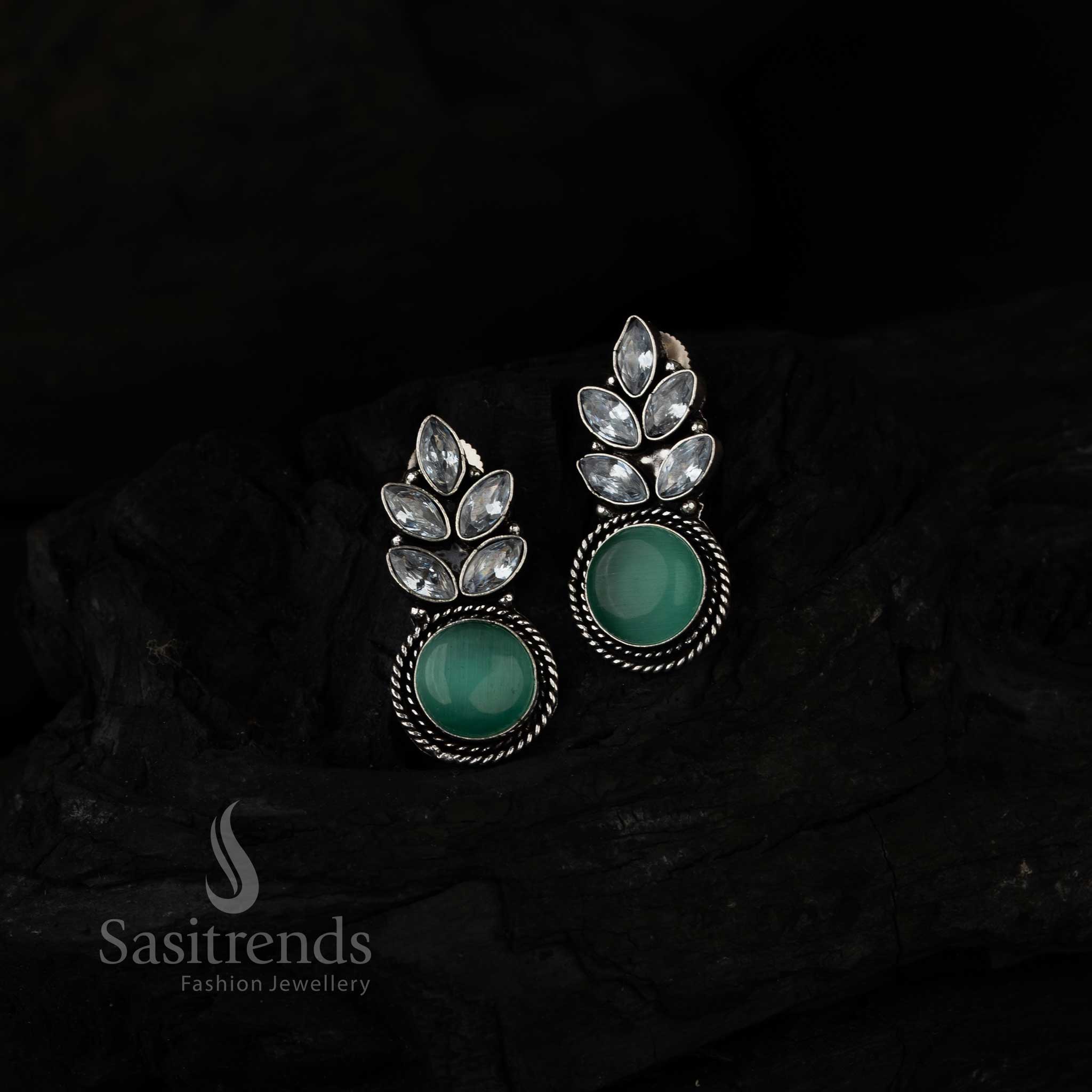Refreshing Mint Green Monalisa Stone Earrings With Leaf Pattern, Oxidised Silver Craft, And Glittering AD Stones – A Fresh Look Jewellery Piece From Sasitrends