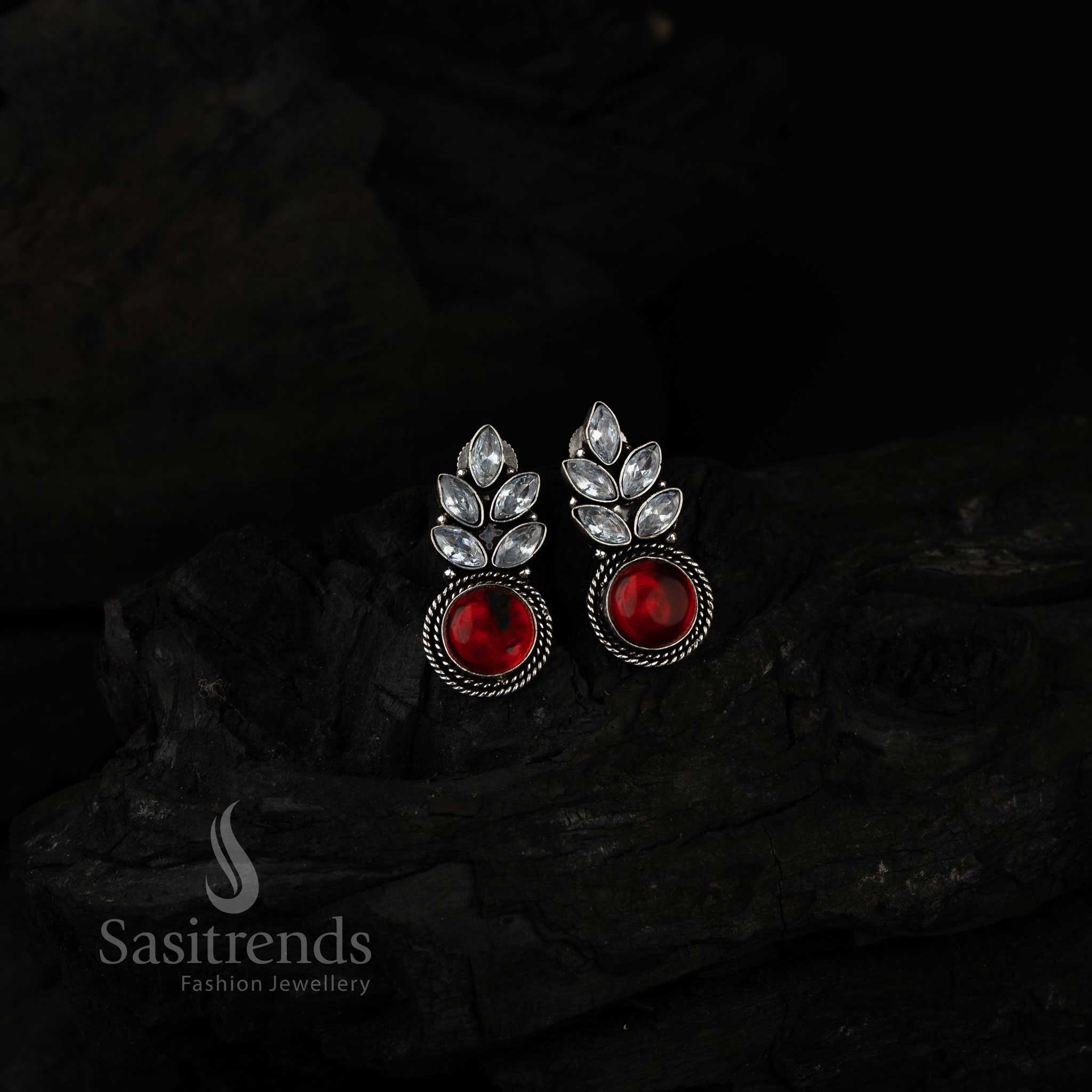 Royal Vinous Monalisa Stone Leaf Earrings With Oxidised Silver Craftsmanship And AD Sparkle – A Regal Choice For Traditional Festive Jewellery From Sasitrends