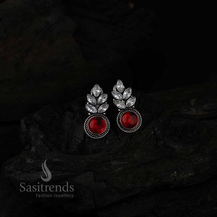 Royal Vinous Monalisa Stone Leaf Earrings With Oxidised Silver Craftsmanship And AD Sparkle – A Regal Choice For Traditional Festive Jewellery From Sasitrends
