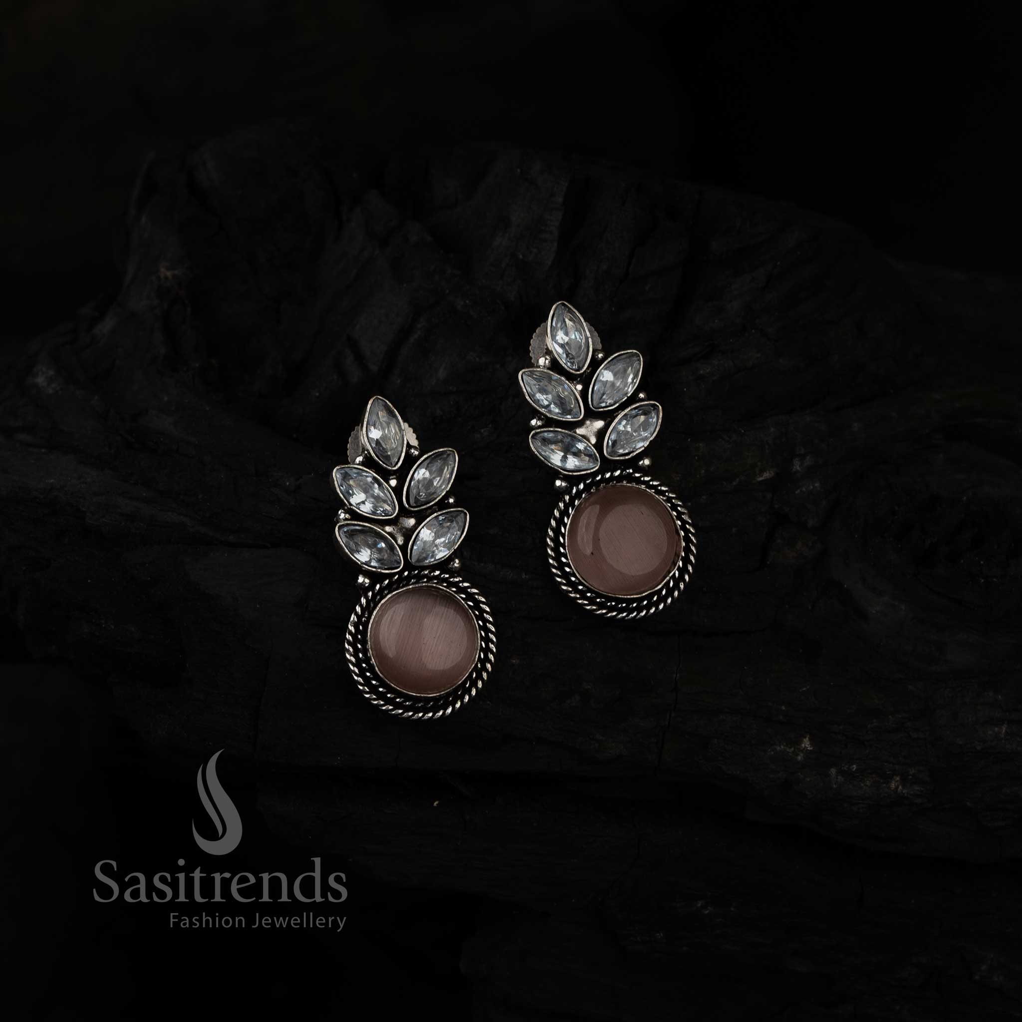 Soft Peach Monalisa Stone Earrings In Leaf Design With Oxidised Silver And Sparkling AD Stones – Casual Chic Jewellery For Everyday Elegance By Sasitrends
