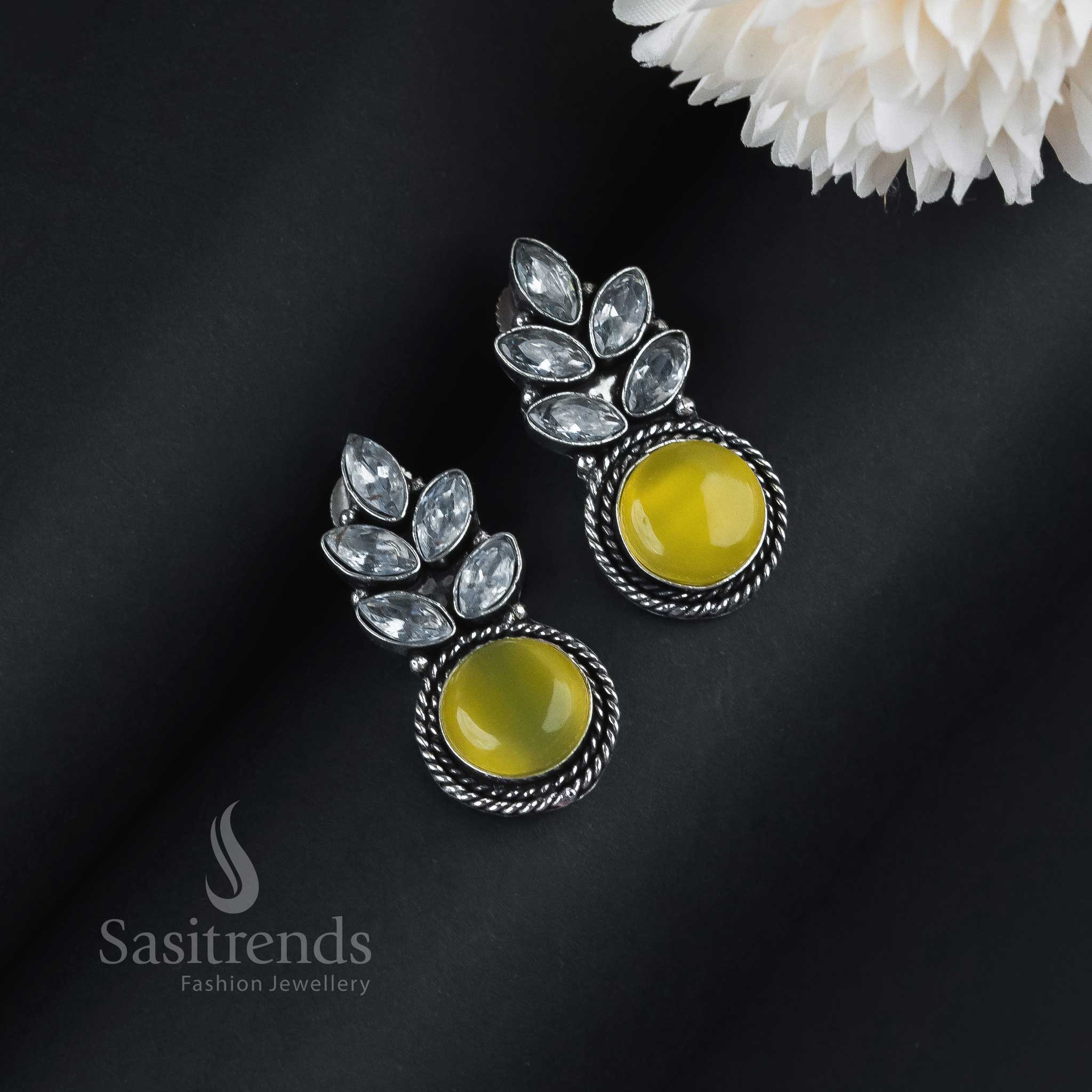 Sunlit Yellow Monalisa Stone Earrings In Leaf Design With Oxidised Silver Base And Cheerful AD Stone Sparkle – Bright Fashion Jewellery By Sasitrends