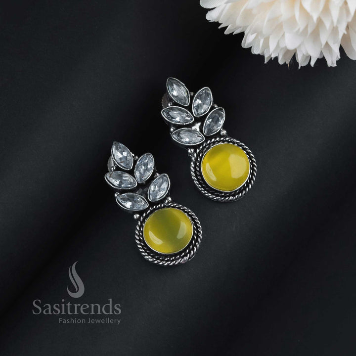 Sunlit Yellow Monalisa Stone Earrings In Leaf Design With Oxidised Silver Base And Cheerful AD Stone Sparkle – Bright Fashion Jewellery By Sasitrends