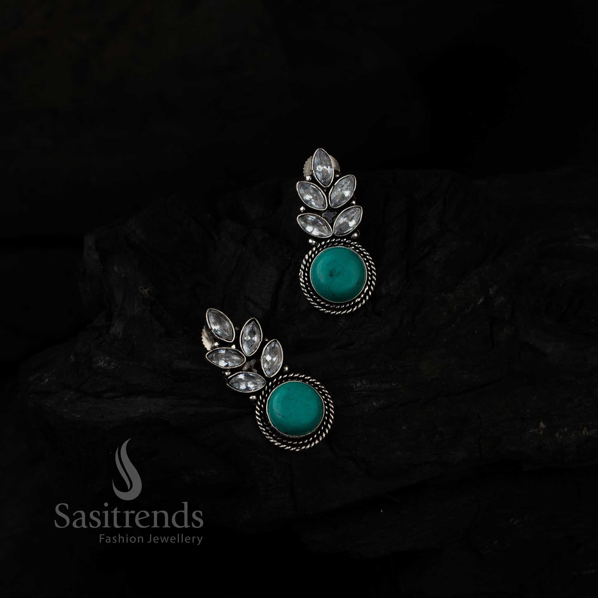 Boho-Inspired Turquoise Monalisa Stone Leaf Earrings Featuring Oxidised Silver Detailing And Artistic AD Stone Embellishments – Bohemian Jewellery By Sasitrends