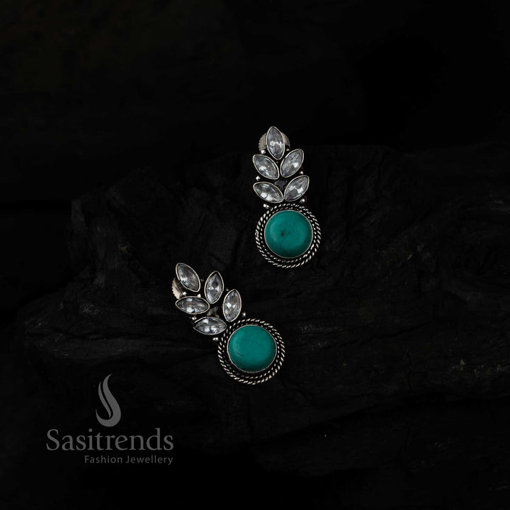 Boho-Inspired Turquoise Monalisa Stone Leaf Earrings Featuring Oxidised Silver Detailing And Artistic AD Stone Embellishments – Bohemian Jewellery By Sasitrends