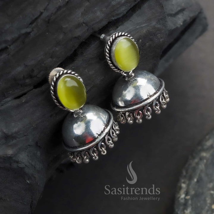 Pear Hued Traditional Oxidised Silver Jhumka Earrings With Oval Monalisa Stones – A Regal Glow Jewellery Piece With Ethnic Elegance - Sasitrends

