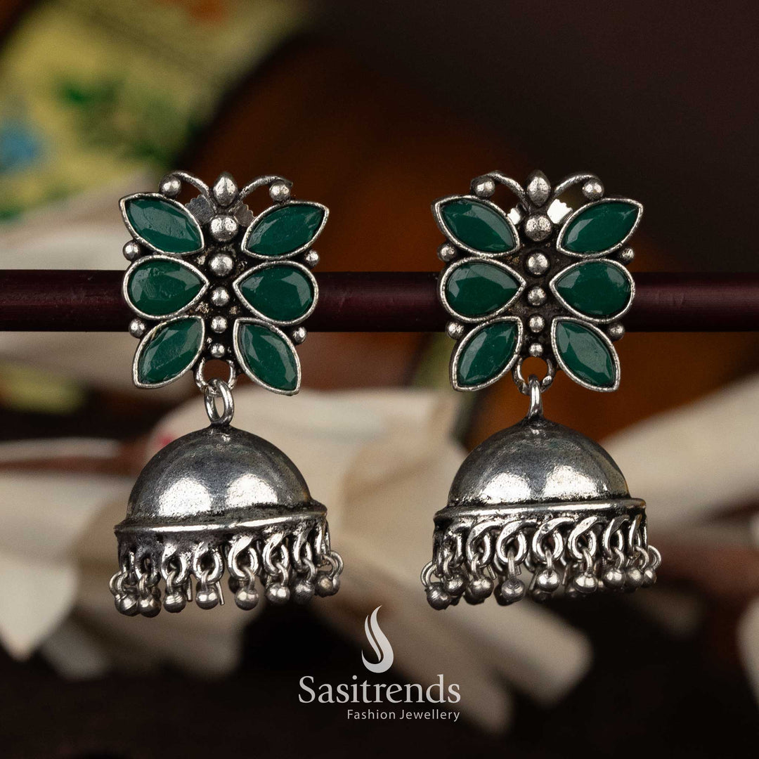 Green Oxidised Jhumka Light Green Stone Beads Jhumka Silver