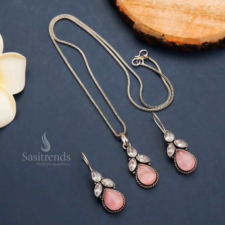 Chic pink oxidised floral pendant chain with Monalisa and AD stone brilliance – matching hook earrings – jewellery set – Sasitrends