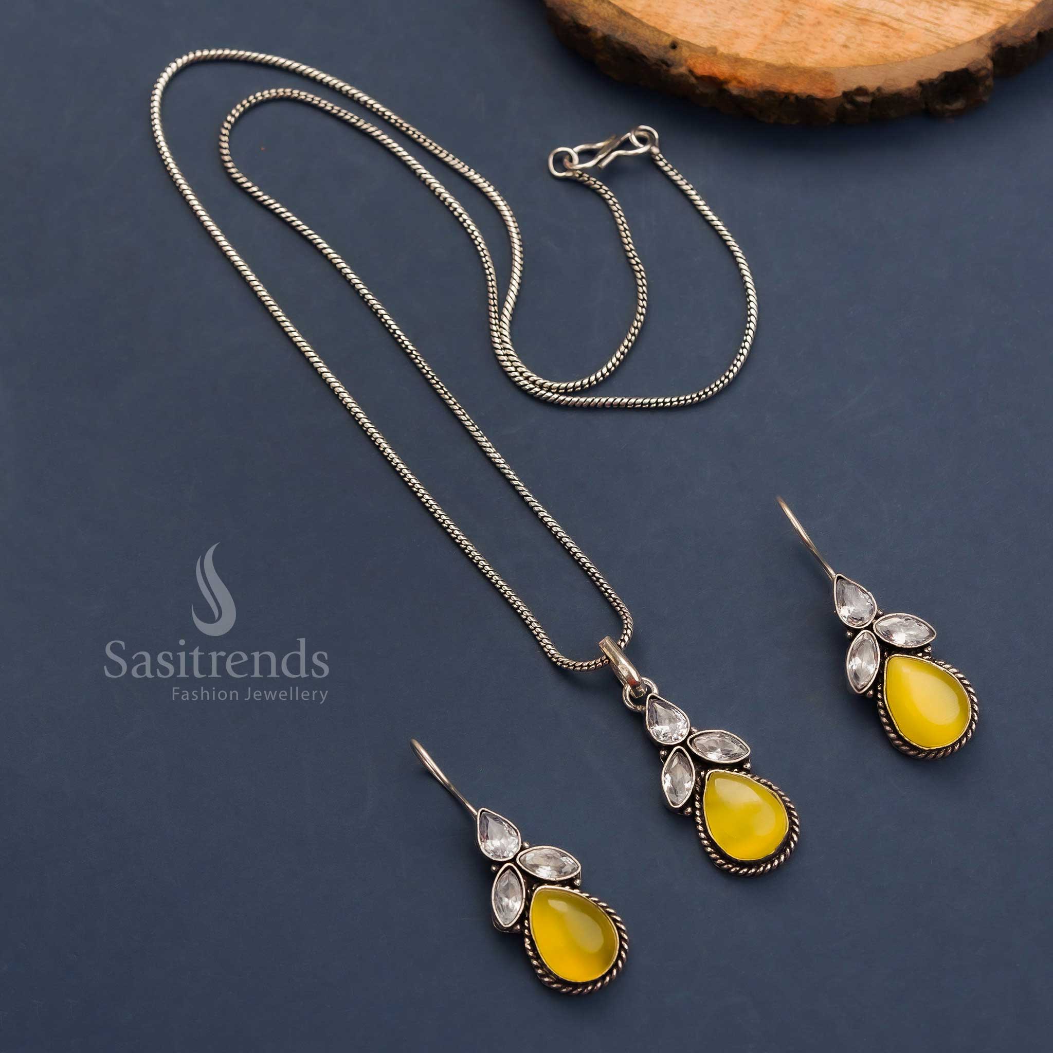 Sunlit yellow oxidised chain jewellery with floral Monalisa pendant and AD earrings – traditional statement piece – Sasitrends