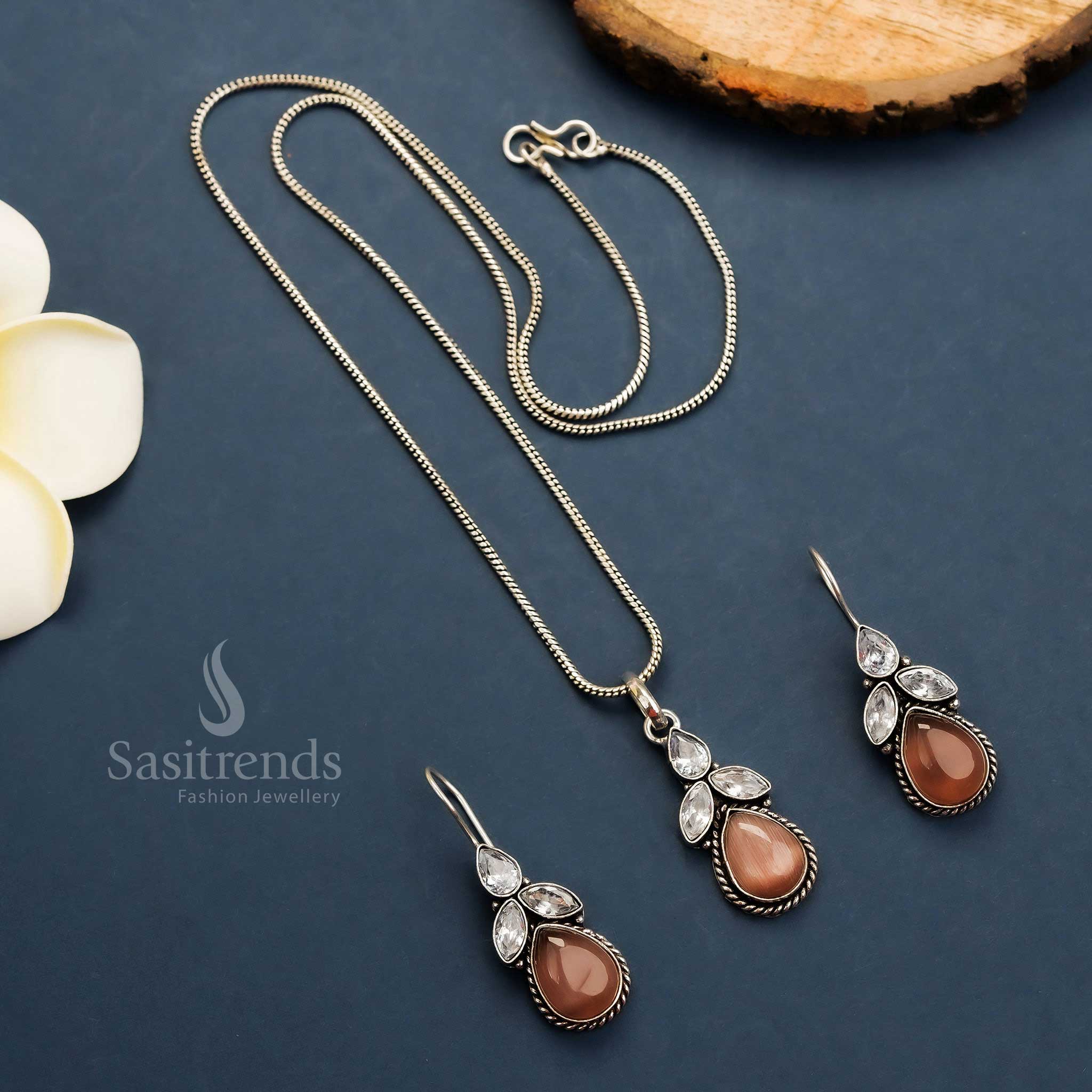 Dark peach oxidised jewellery with floral Monalisa pendant and sparkling AD stones – includes hook earrings – artistic jewellery – Sasitrends