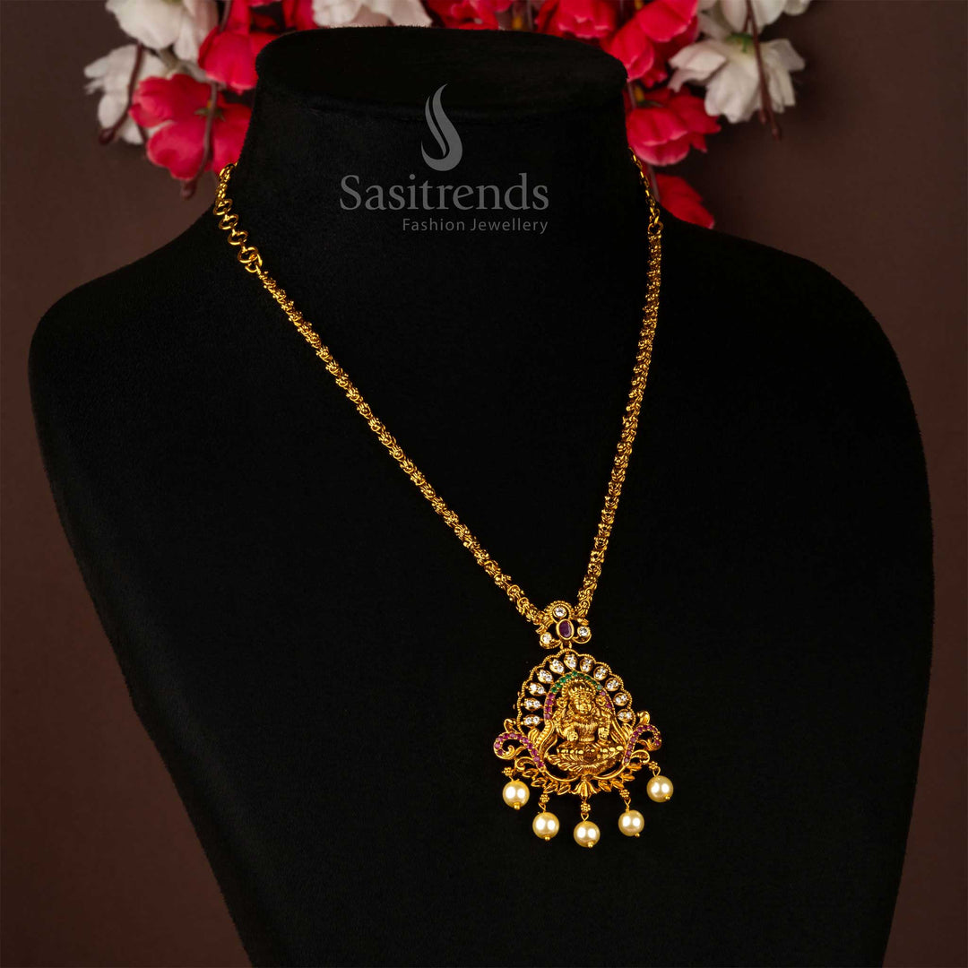Temple-inspired matte gold necklace chain showcasing a beautifully sculpted Lakshmi pendant in a premium finish – a glowing heritage piece ideal for bridal jewellery, poojas, and cultural ceremonies – Sasitrends