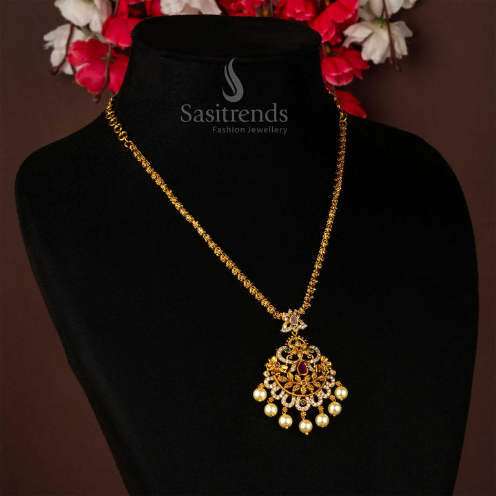 Premium Matte Gold Plated Graceful Floral Pendant Chain Pearl with AD Stones - Sasitrends