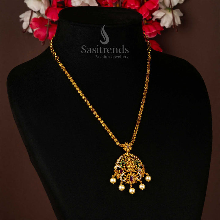 Divine Lakshmi Pendant Chain Necklace Ruby Ad Stone Studded and Pearls - Premium Matte Gold Plated