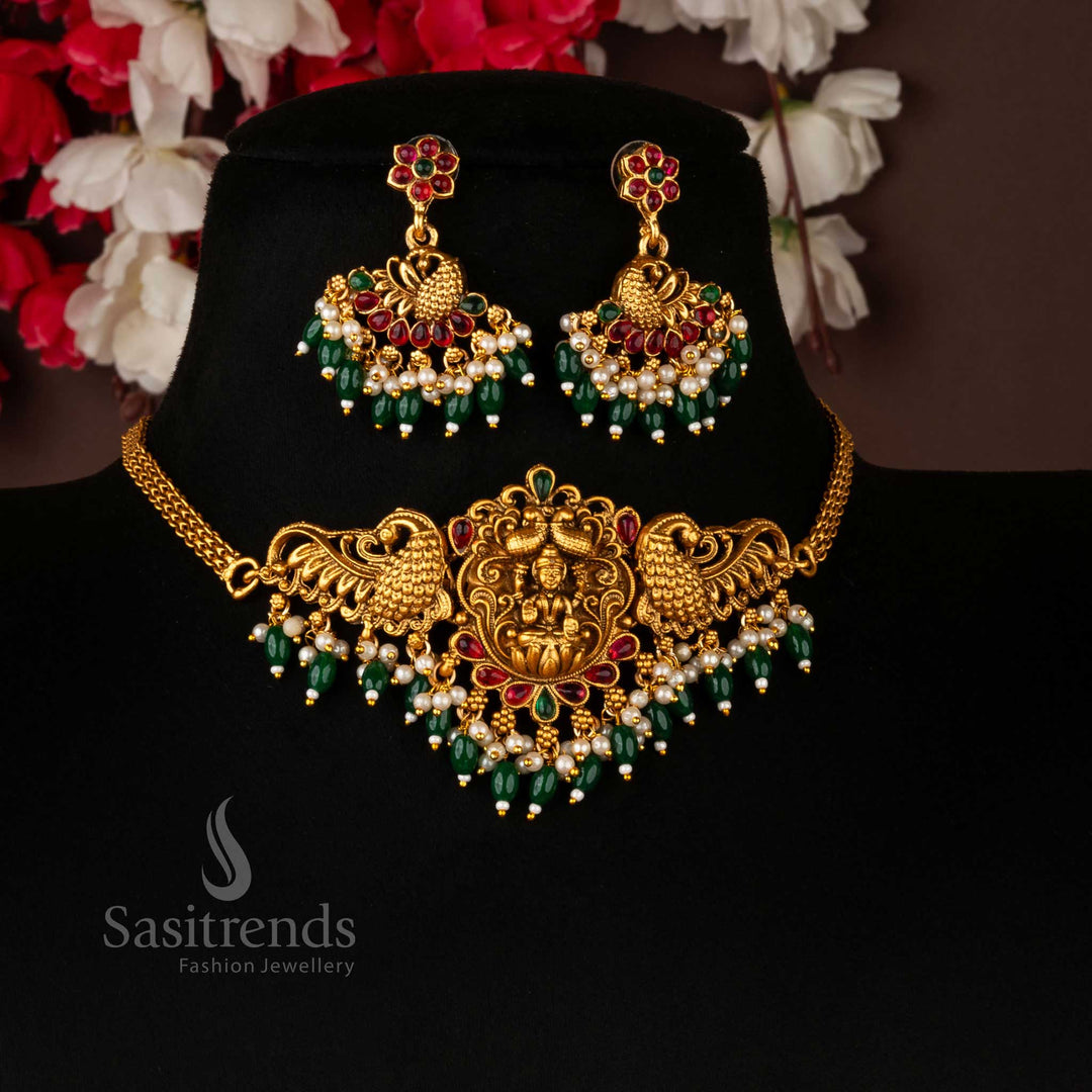 Traditional Temple Choker Set with Lakshmi and Peacock Motifs, ZX Synthetic Stones, Pearls - Sasitrends