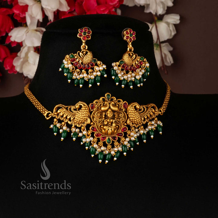 Elegant Classic Matte Gold Plated Temple Wear Lakshmi and Peacock Pattern Choker Motif Jewellery Set